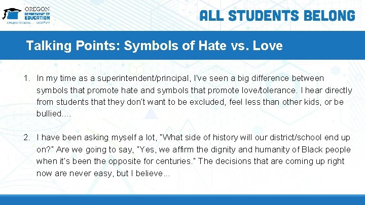Talking Points: Symbols of Hate vs. Love 1. In my time as a superintendent/principal, Talking Points: Symbols of Hate vs. Love 1. In my time as a superintendent/principal,