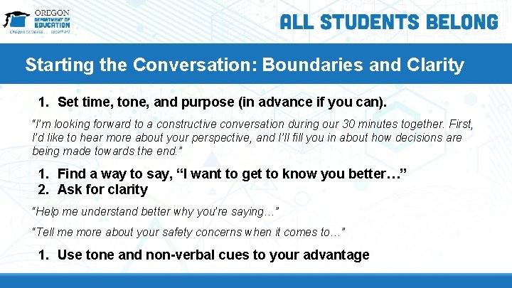 Starting the Conversation: Boundaries and Clarity 1. Set time, tone, and purpose (in advance Starting the Conversation: Boundaries and Clarity 1. Set time, tone, and purpose (in advance