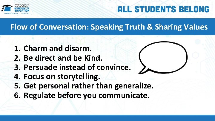Flow of Conversation: Speaking Truth & Sharing Values 1. 2. 3. 4. 5. 6. Flow of Conversation: Speaking Truth & Sharing Values 1. 2. 3. 4. 5. 6.