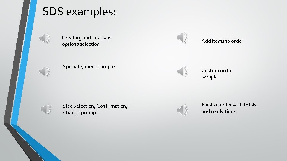 SDS examples: Greeting and first two options selection Specialty menu sample Size Selection, Confirmation,