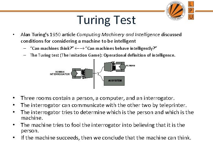 Turing Test • Alan Turing's 1950 article Computing Machinery and Intelligence discussed conditions for