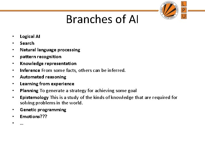 Branches of AI • • • • Logical AI Search Natural language processing pattern