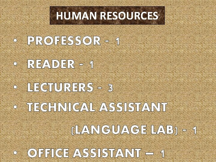 HUMAN RESOURCES • PROFESSOR • READER - 1 1 • LECTURERS - 3 •
