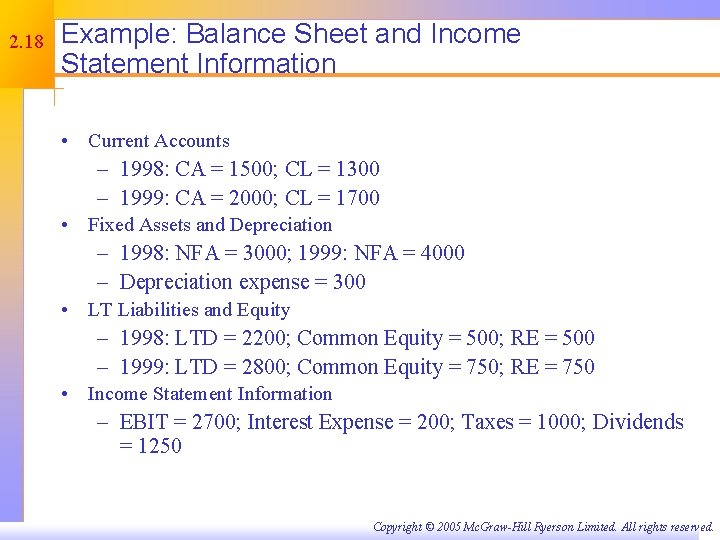 2. 18 Example: Balance Sheet and Income Statement Information • Current Accounts – 1998: