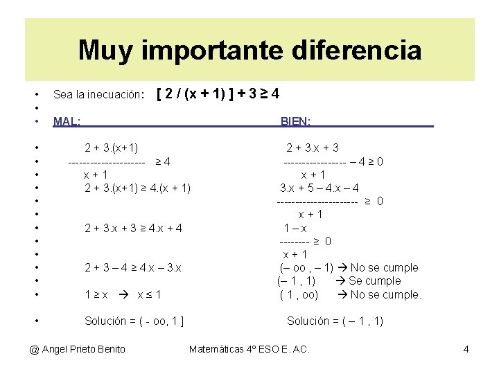 Muy importante diferencia • • • • Sea la inecuación: [ 2 / (x