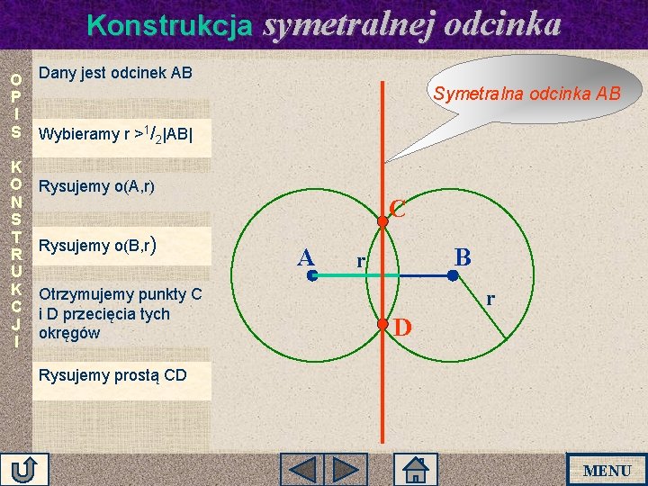 Konstrukcja symetralnej odcinka O Dany jest odcinek AB P I S Wybieramy r >1/2|AB| Konstrukcja symetralnej odcinka O Dany jest odcinek AB P I S Wybieramy r >1/2|AB|