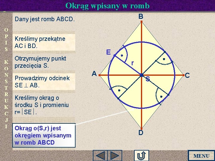 Okrąg wpisany w romb B Dany jest romb ABCD. O P I S K Okrąg wpisany w romb B Dany jest romb ABCD. O P I S K