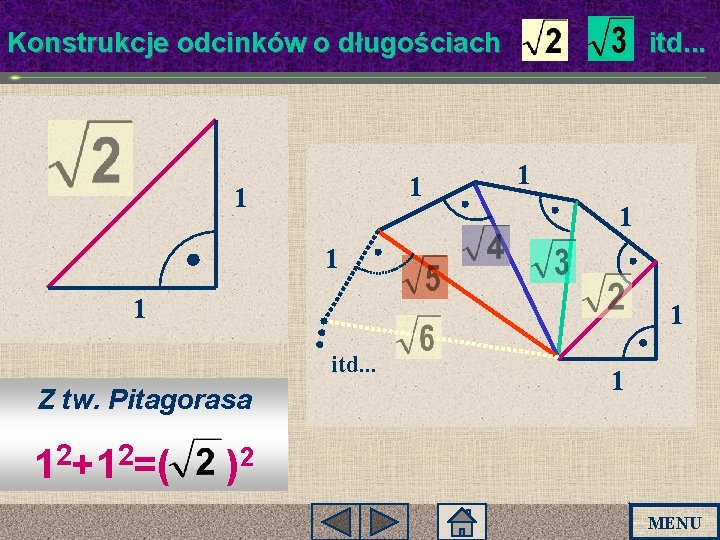 Konstrukcje odcinków o długościach 1 1 , itd. . . 1 1 1 itd. Konstrukcje odcinków o długościach 1 1 , itd. . . 1 1 1 itd.