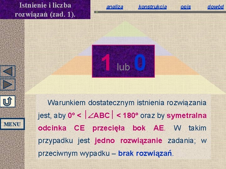 Istnienie i liczba rozwiązań (zad. 1). analiza konstrukcja opis 1 lub 0 Warunkiem dostatecznym Istnienie i liczba rozwiązań (zad. 1). analiza konstrukcja opis 1 lub 0 Warunkiem dostatecznym