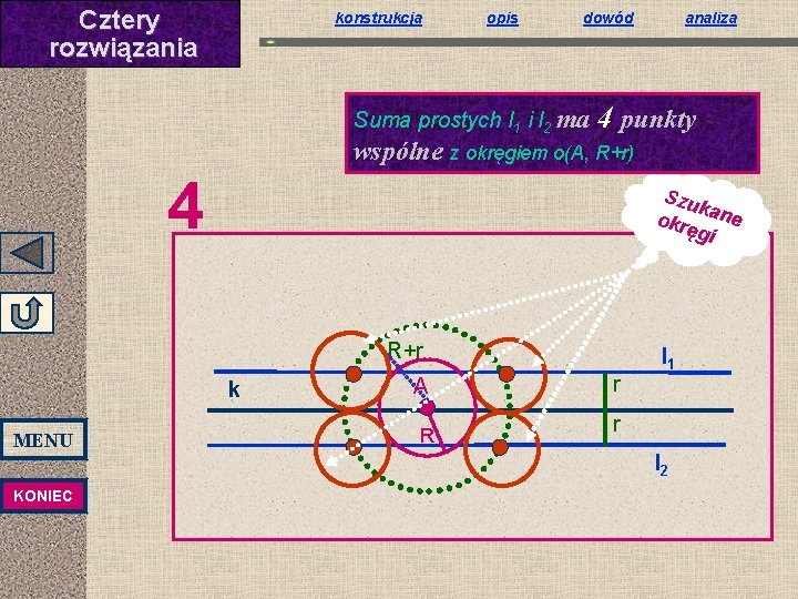 Cztery rozwiązania konstrukcja opis dowód Suma prostych l 1 i l 2 ma analiza Cztery rozwiązania konstrukcja opis dowód Suma prostych l 1 i l 2 ma analiza
