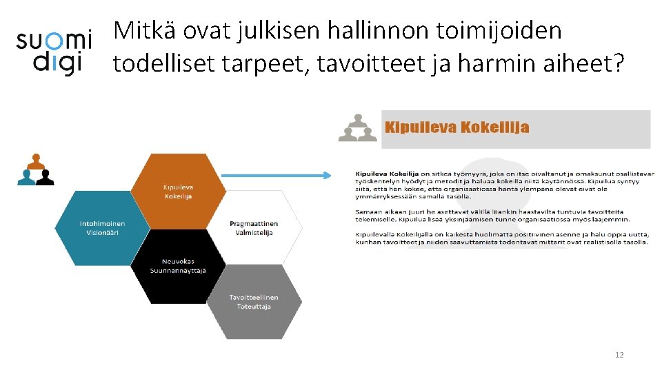 Mitkä ovat julkisen hallinnon toimijoiden todelliset tarpeet, tavoitteet ja harmin aiheet? 12 