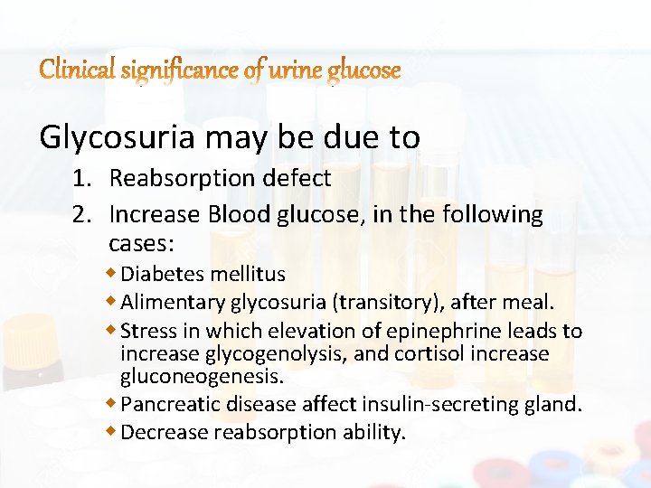 Glycosuria may be due to 1. Reabsorption defect 2. Increase Blood glucose, in the