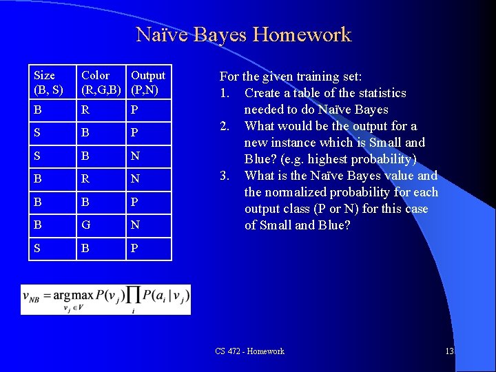 Naïve Bayes Homework Size (B, S) Color Output (R, G, B) (P, N) B