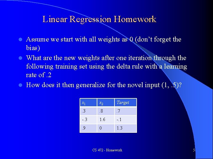 Linear Regression Homework Assume we start with all weights as 0 (don’t forget the