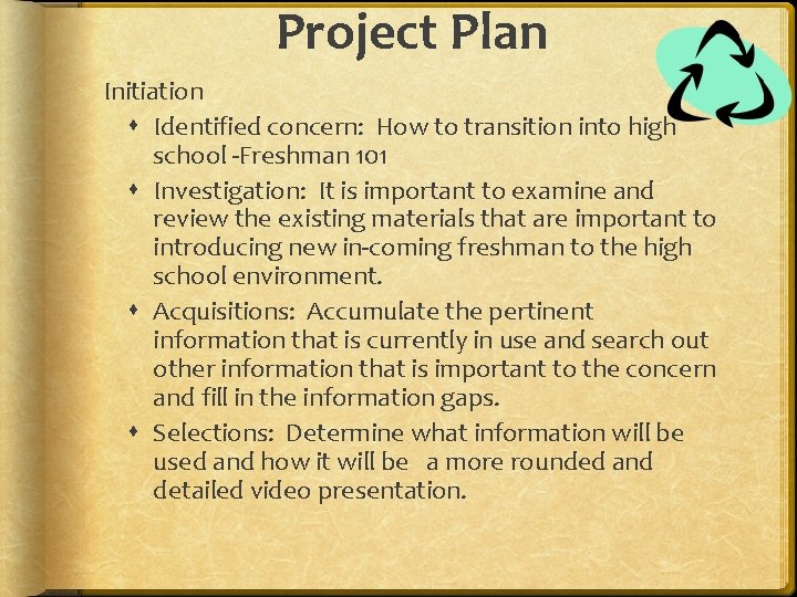 Project Plan Initiation Identified concern: How to transition into high school -Freshman 101 Investigation: