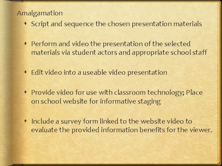 Amalgamation Script and sequence the chosen presentation materials Perform and video the presentation of