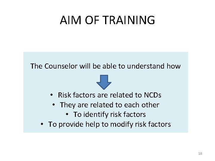 AIM OF TRAINING The Counselor will be able to understand how • Risk factors