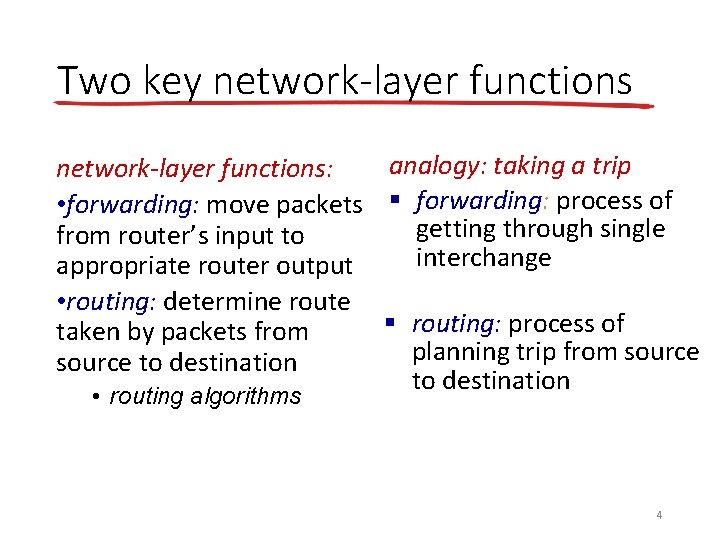 Two key network-layer functions analogy: taking a trip network-layer functions: • forwarding: move packets