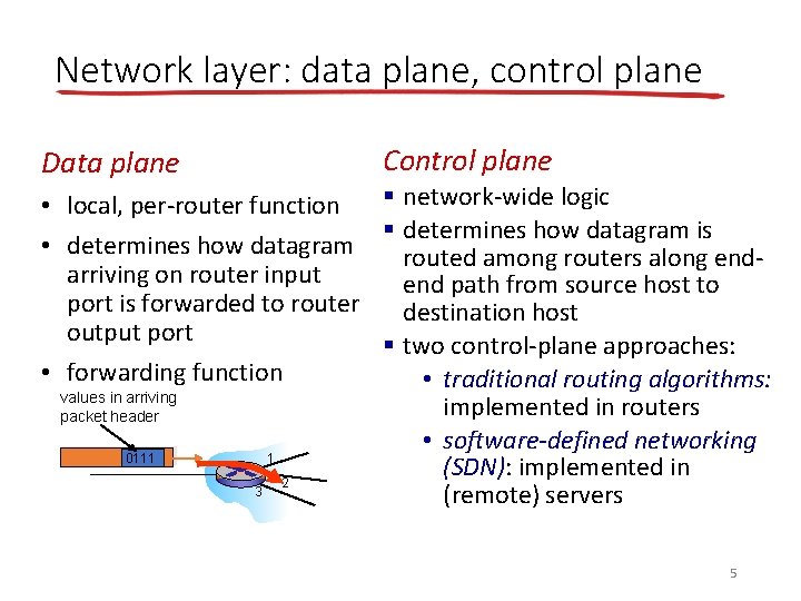 Network layer: data plane, control plane Data plane Control plane § network-wide logic •