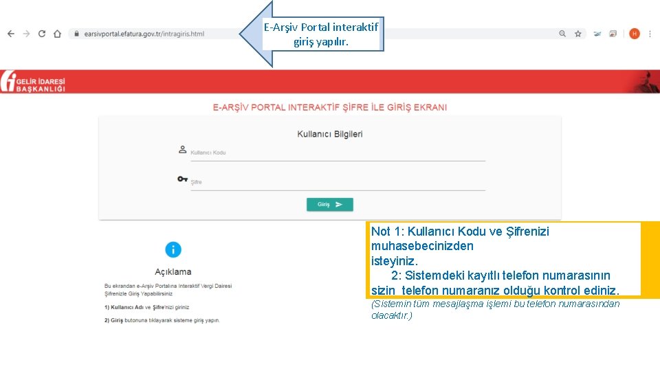 E-Arşiv Portal interaktif giriş yapılır. Not 1: Kullanıcı Kodu ve Şifrenizi muhasebecinizden isteyiniz. 2: