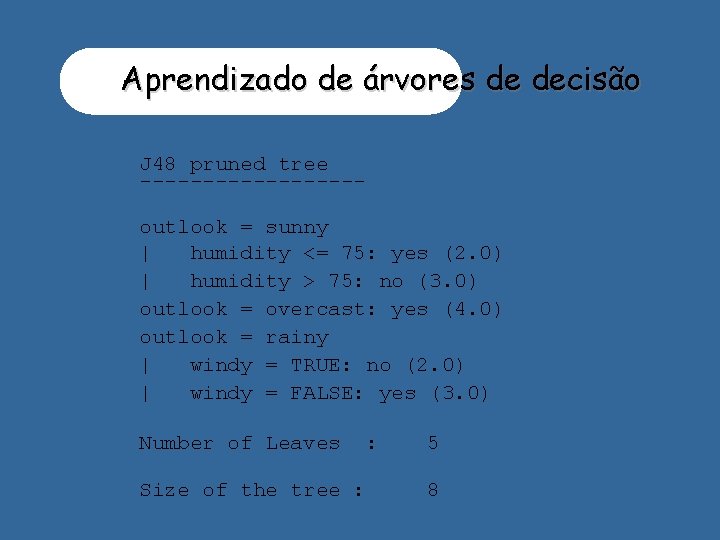 Aprendizado de árvores de decisão J 48 pruned tree ---------outlook = sunny | humidity