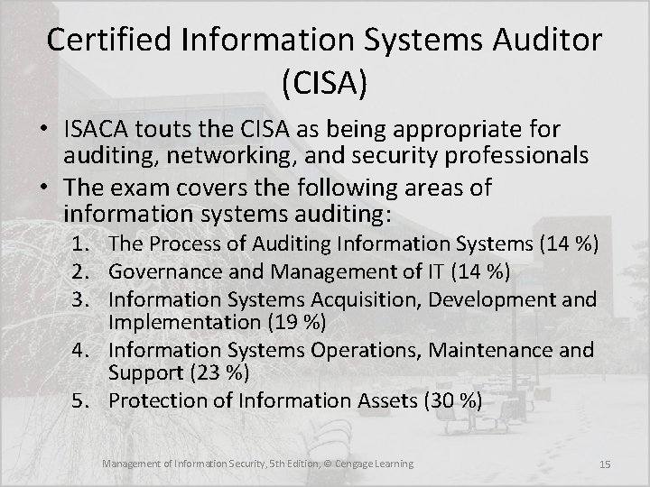 Certified Information Systems Auditor (CISA) • ISACA touts the CISA as being appropriate for