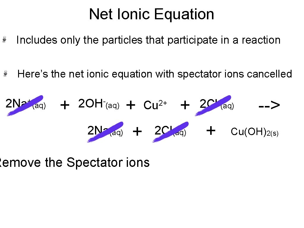 Net Ionic Equation Includes only the particles that participate in a reaction Here’s the