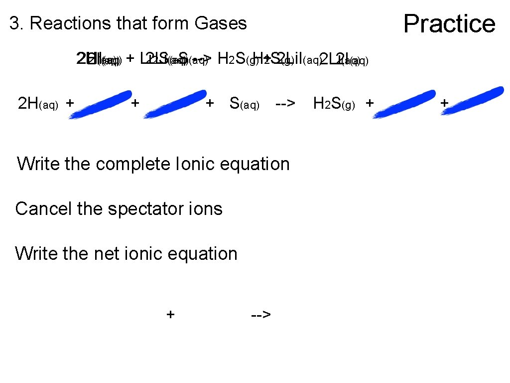 Practice 3. Reactions that form Gases 2 H 2 HI (aq) + Li 2