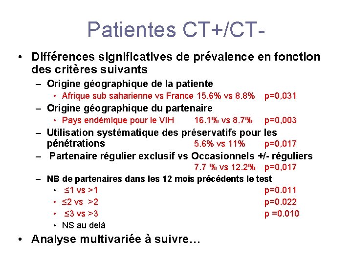 Patientes CT+/CT • Différences significatives de prévalence en fonction des critères suivants – Origine