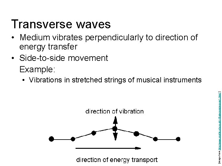 Transverse waves • Medium vibrates perpendicularly to direction of energy transfer • Side-to-side movement Transverse waves • Medium vibrates perpendicularly to direction of energy transfer • Side-to-side movement