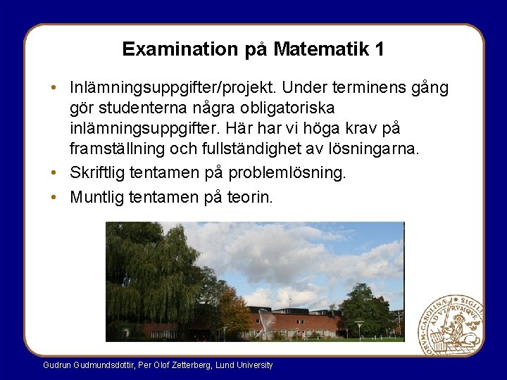 Examination på Matematik 1 • Inlämningsuppgifter/projekt. Under terminens gång gör studenterna några obligatoriska inlämningsuppgifter.