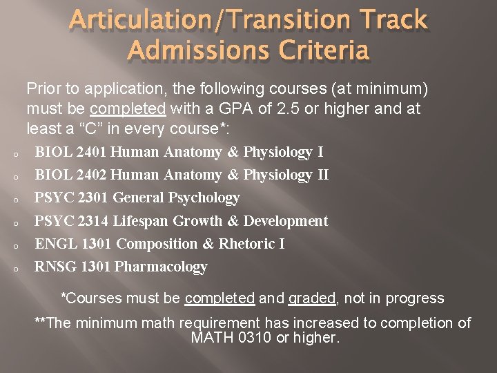 Articulation/Transition Track Admissions Criteria Prior to application, the following courses (at minimum) must be