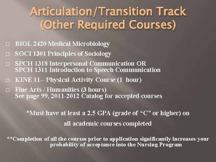 Articulation/Transition Track (Other Required Courses) � BIOL 2420 Medical Microbiology � SOCI 1301 Principles