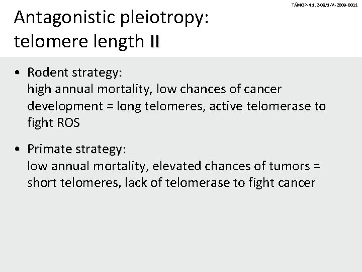 Antagonistic pleiotropy: telomere length II TÁMOP-4. 1. 2 -08/1/A-2009 -0011 • Rodent strategy: high Antagonistic pleiotropy: telomere length II TÁMOP-4. 1. 2 -08/1/A-2009 -0011 • Rodent strategy: high