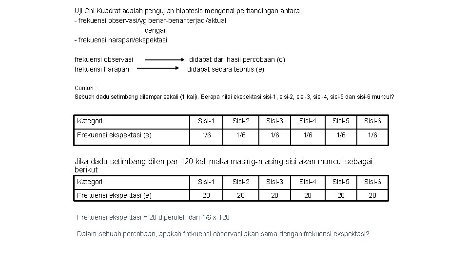 Uji Chi Kuadrat adalah pengujian hipotesis mengenai perbandingan antara : - frekuensi observasi/yg benar-benar