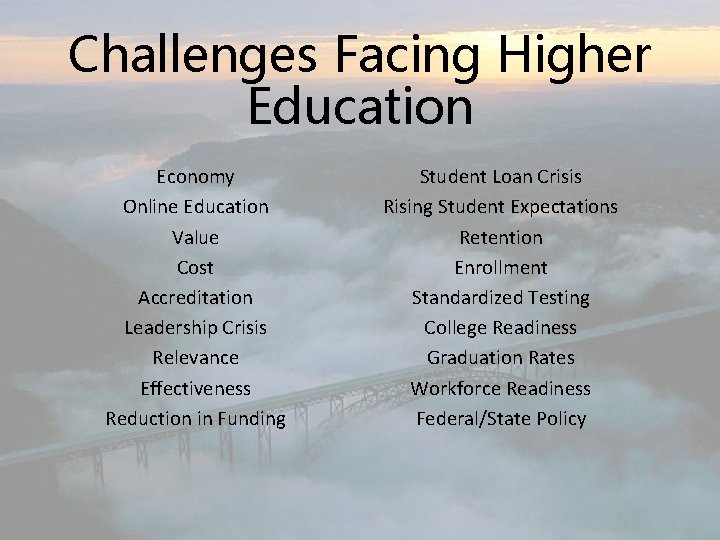 Challenges Facing Higher Education Economy Online Education Value Cost Accreditation Leadership Crisis Relevance Effectiveness