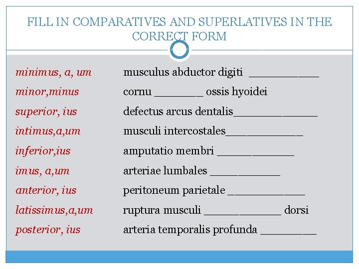 FILL IN COMPARATIVES AND SUPERLATIVES IN THE CORRECT FORM minimus, a, um musculus abductor