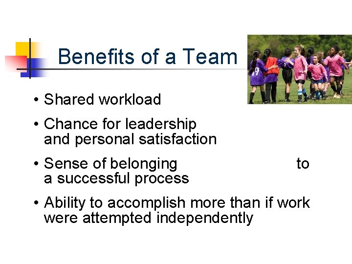 Benefits of a Team • Shared workload • Chance for leadership and personal satisfaction