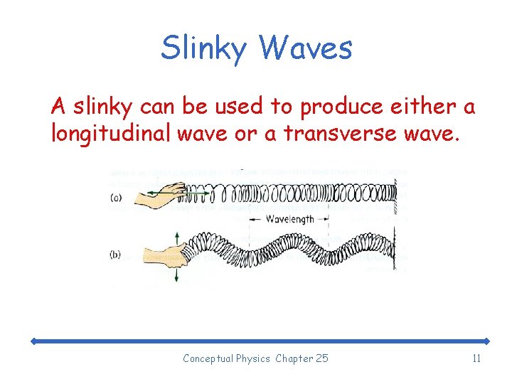 Slinky Waves A slinky can be used to produce either a longitudinal wave or