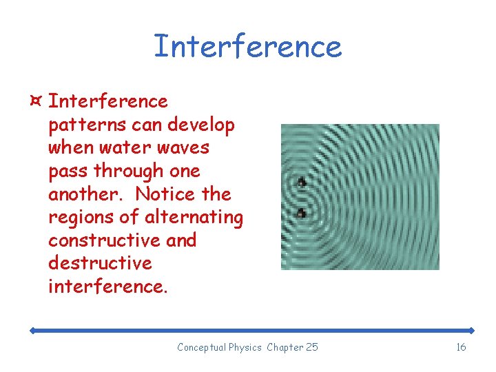 Interference ¤ Interference patterns can develop when water waves pass through one another. Notice