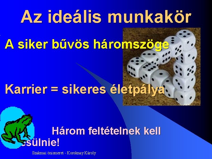 Az ideális munkakör A siker bűvös háromszöge Karrier = sikeres életpálya Három feltételnek kell