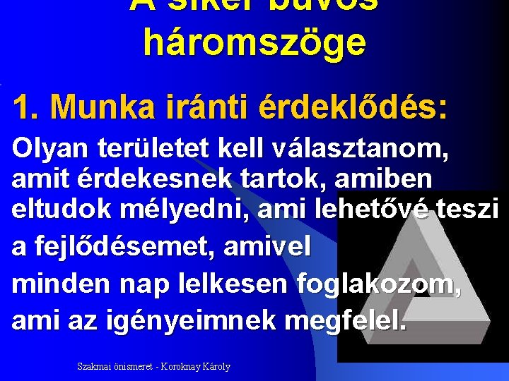 A siker bűvös háromszöge 1. Munka iránti érdeklődés: Olyan területet kell választanom, amit érdekesnek