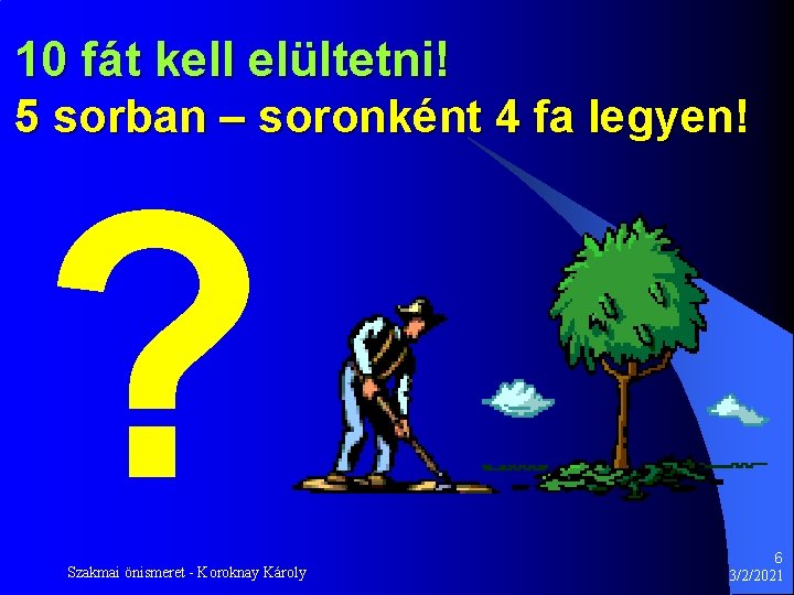 10 fát kell elültetni! 5 sorban – soronként 4 fa legyen! ? Szakmai önismeret