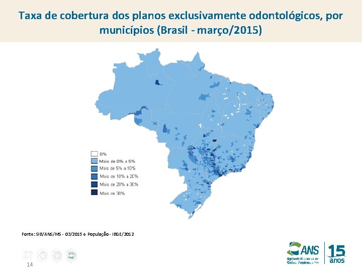 Taxa de cobertura dos planos exclusivamente odontológicos, por municípios (Brasil - março/2015) Fonte: SIB/ANS/MS