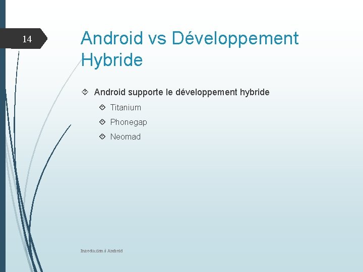 14 Android vs Développement Hybride Android supporte le développement hybride Titanium Phonegap Neomad Introduction