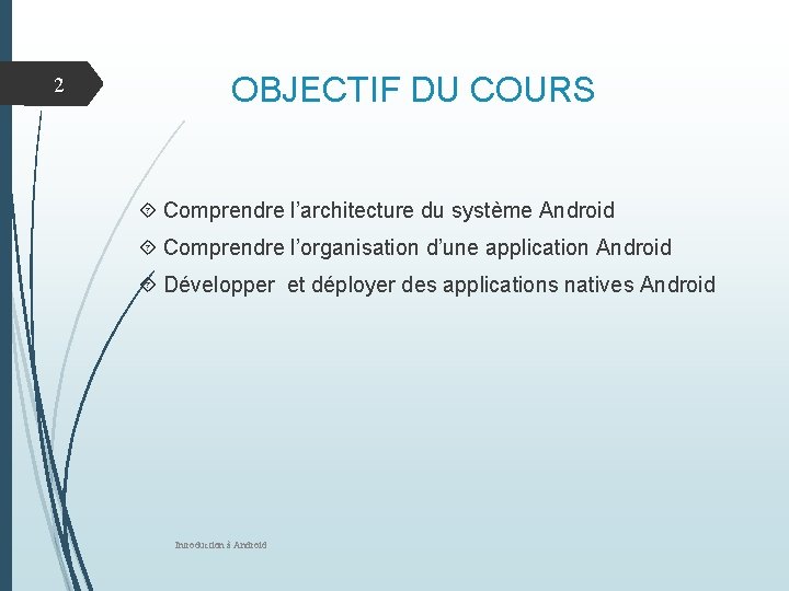 2 OBJECTIF DU COURS Comprendre l’architecture du système Android Comprendre l’organisation d’une application Android