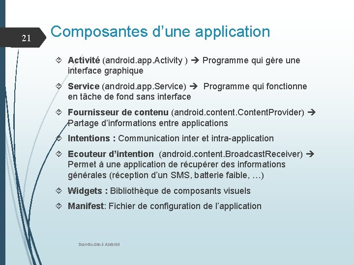 21 Composantes d’une application Activité (android. app. Activity ) Programme qui gère une interface