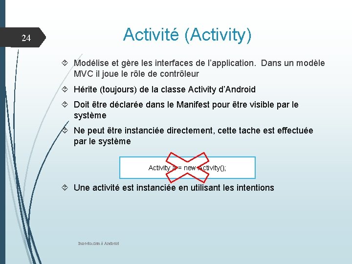 Activité (Activity) 24 Modélise et gère les interfaces de l’application. Dans un modèle MVC Activité (Activity) 24 Modélise et gère les interfaces de l’application. Dans un modèle MVC