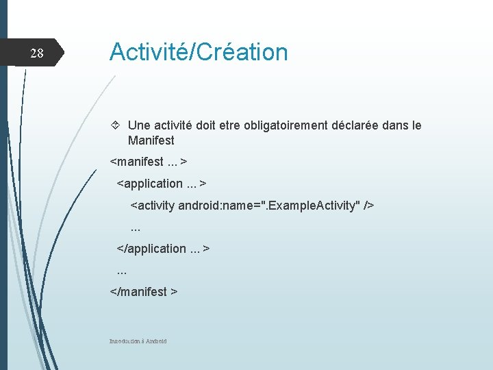 28 Activité/Création Une activité doit etre obligatoirement déclarée dans le Manifest <manifest. . .