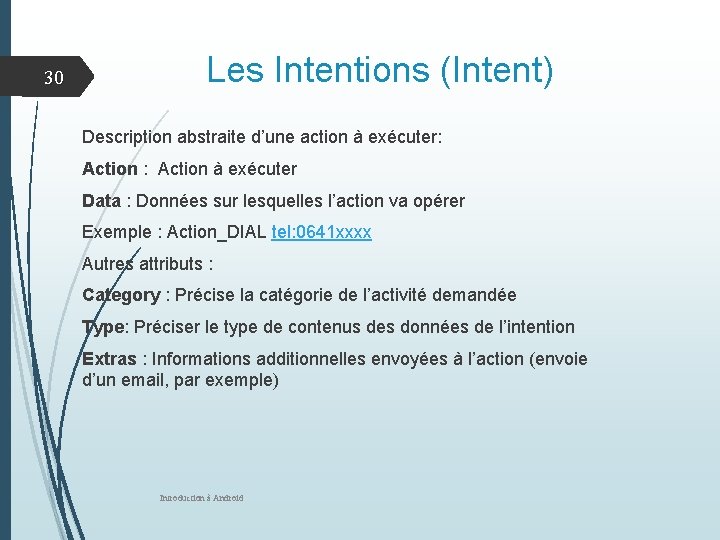 30 Les Intentions (Intent) Description abstraite d’une action à exécuter: Action à exécuter Data